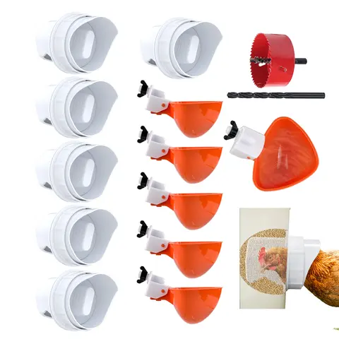 Essilnn DIY Adjustable Rain-Proof Chicken & Duck Feeder-Waterer Kit, Outdoor Poultry Feeding Tools with Cover, Rubber Gasket, Polypropylene Parts, Drill Bit for 3.15" Hole, Continuous Supply, Spill-Free & Comfortable Feeding, Fits Buckets & Barrels