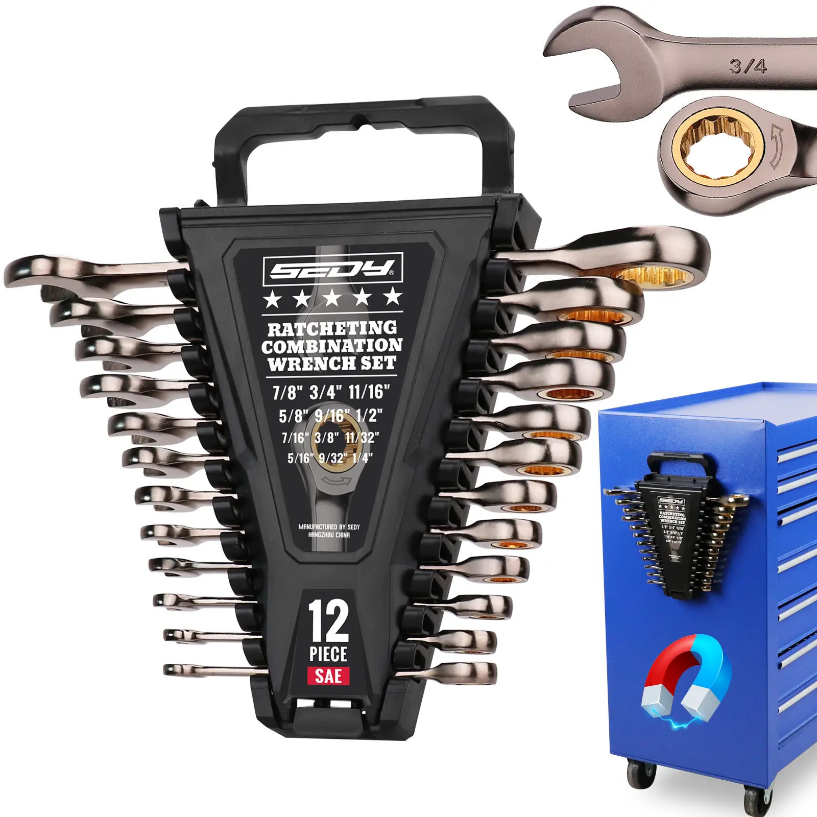 SEDY 12-Piece SAE Ratcheting Wrench Set, 1/4 to 7/8 in Long Handle Chrome Vanadium Steel Spanners, 72-Tooth Gear, Organizer Box Included for Mechanics, Auto Repair