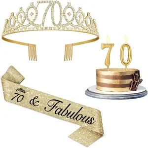 70th Birthday Decorations for Women Gold with Sash and Tiara, Gold Number Candles, 70th Birthday Gifts for Women