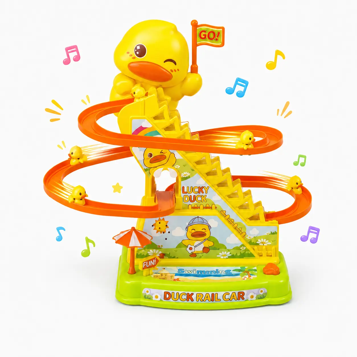 Electric Small Duck Climbing Race Track Set - 9 Ducks, Roller Coaster Design, LED Flashing Lights, Music, Unisex Construction & Science Plastic Toy, Safe Collectible for Kids' Playtime