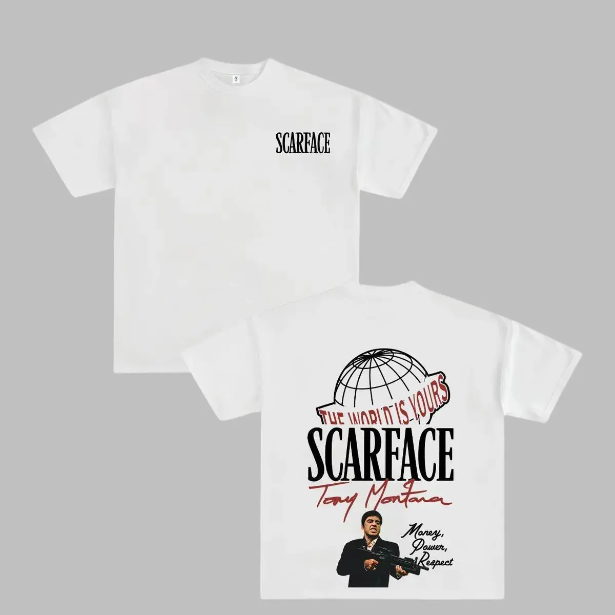 FEEGO Scarface Two Sides Graphic Tee - The World is Yours Design with Tony Montana Iconic Image Perfect for Movie Fans and Streetwear Enthusiasts Menswear Casual Crewneck Tshirt 100% Pure Cotton Y2K Streetwear Tee good graphic tees gifts for him 052
