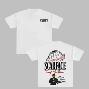 180g[100FEEGO Scarface Two Sides Graphic Tee - The World is Yours Design with To Montana Iconic Image Perfect for Movie Fans and Streetwear Enthusiasts Menswear Casual Crewneck Tshirt 100% Pure Cotton Y2K Streetwear Tee good graphic tees gifts for him 052