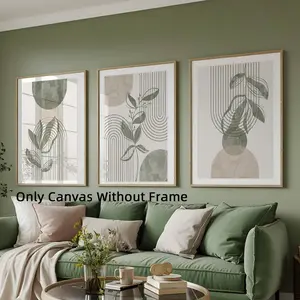 Set of 3 Unframed Boho Botanical Canvas Posters, Sage Green Beige Wall Art, Abstract Line Decor, Modern Abstract Design, Aesthetic Room Decor, Artwork Wall Painting For Gift, Wall Picture for Living Room, Bedroom, Home And Dormitory Decoration