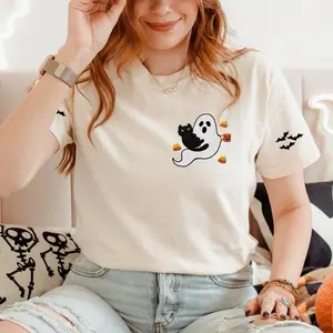 Women's Embroidered Ghost & Black Cat Tshirt - Womenswear Crew Neck Loose-Fitting Top, Cute Spooky Fall Aesthetic Apparel, Halloween Lover Gift Crewneck Embroidery Prints Soft