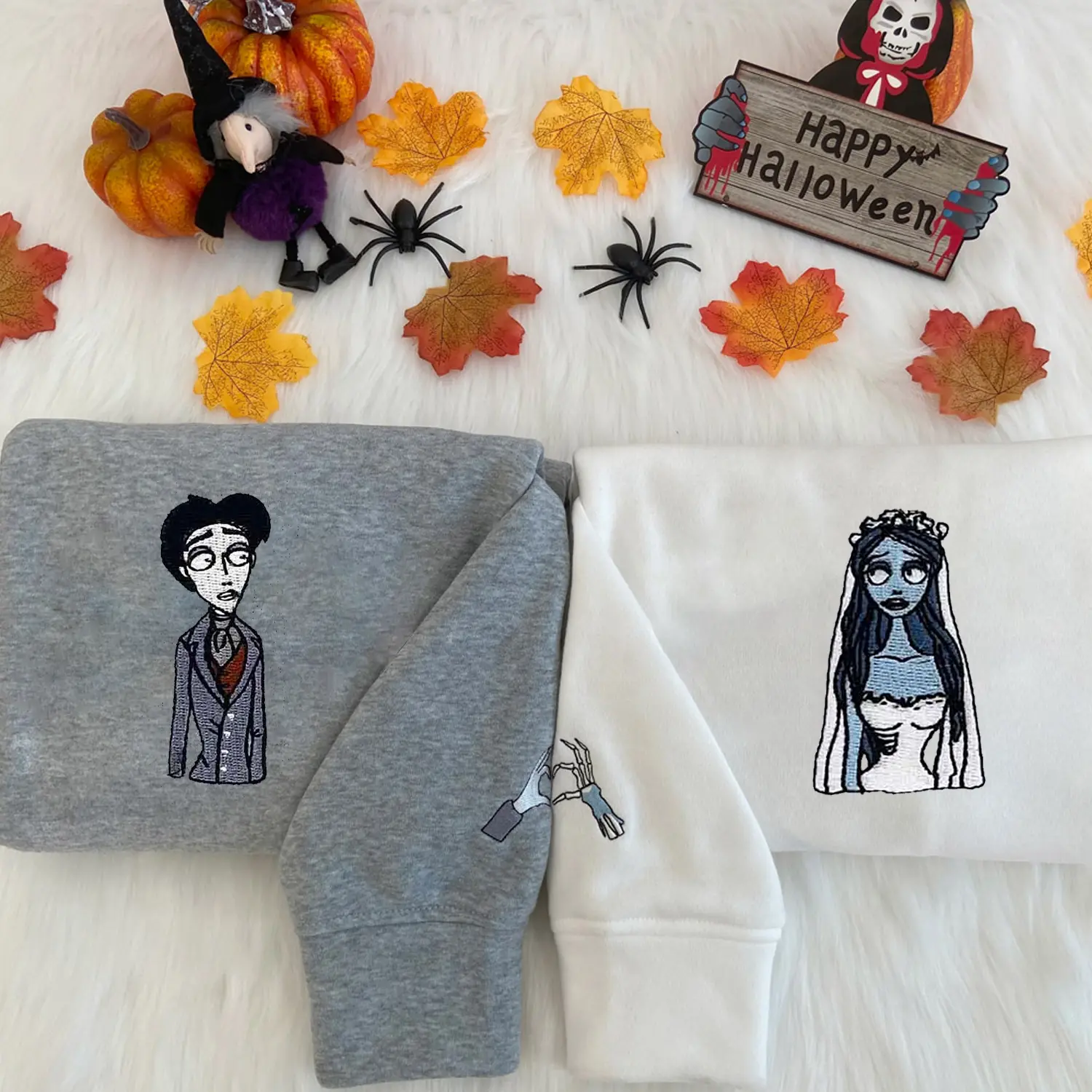 Victor & Emily – Corpse Bride Couple Embroidered Sweatshirt, Emily And Victor Corpse Bride Hoodie, Corpse Bride Halloween Movie Sweaters For Couple, Halloween Couple Gifts