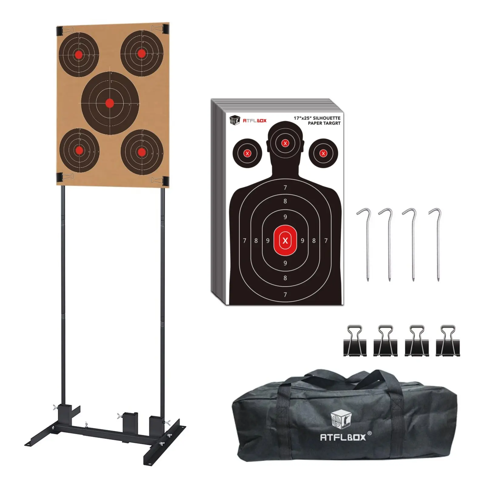 Atflbox Shooting Target Stand with 10pcs 17x25 Inch Paper Targets, Durable Paper Target Holder with Stable Adjustable Base for Cardboard Silhouette, H Shape, USPSA/IPSC, IDPA Practice