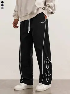 Men's casual straight-leg pants, featuring side stripes and double cross prints, drawstring waist adjustment, suitable for sports and leisure, trendy street style, dancing, daily commuting, an essential for spring and summer outfits exercise pants