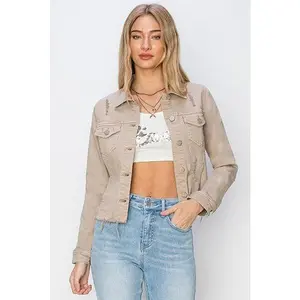 RISEN Full Size Raw Hem Button Up Cropped Denim Jacket Plus Size