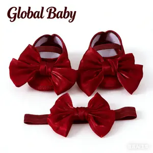 Global Baby Baby Girls Baptism Shoes and Headband Shiny Bowknot Mary Jane Flats and Hairband Set 2 PCS Shoes for Baby Girl Shiny  Newborn  Baptism Shoes and Headband Birthday Party