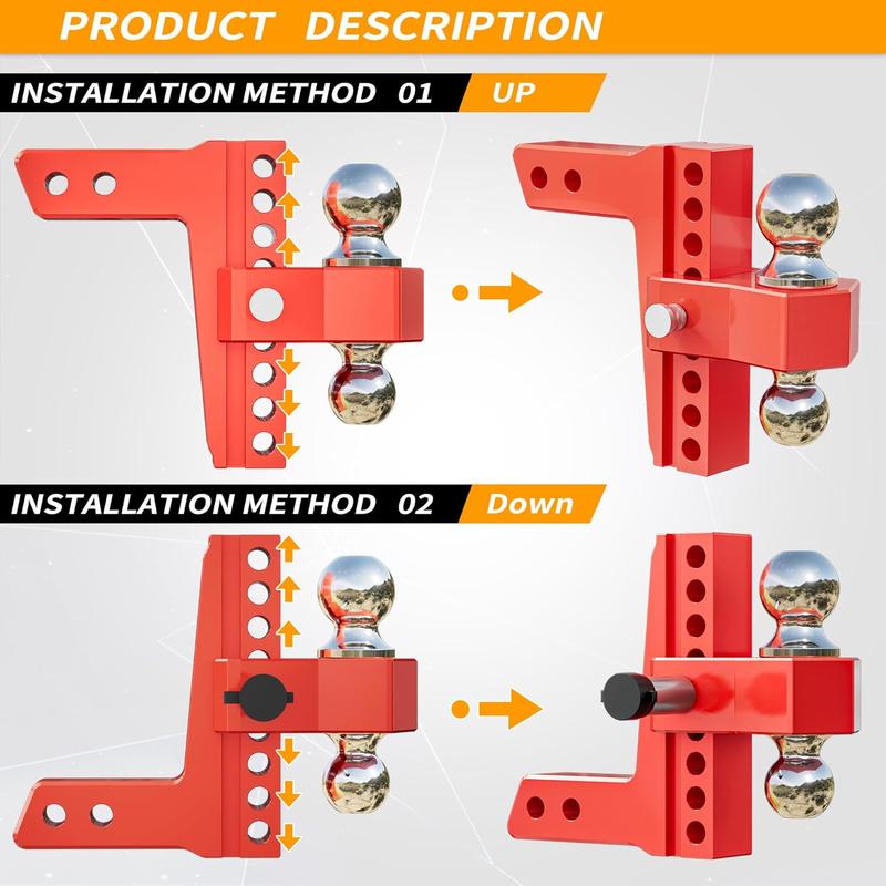 LOCAME Adjustable Trailer Hitch, Fits 2-Inch Receiver Only, 8-Inch Drop/Rise Aluminum Drop Hitch,12,500 LBS GTW-Tow Hitch for Heavy Duty Truck with Double Stainless Steel Locks, Red, LC0014