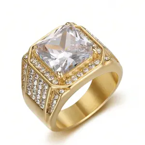 Unique 14K Gold Plated Hip-Hop Ring with Sparkling Stones – Stylish Jewelry for Men & Women