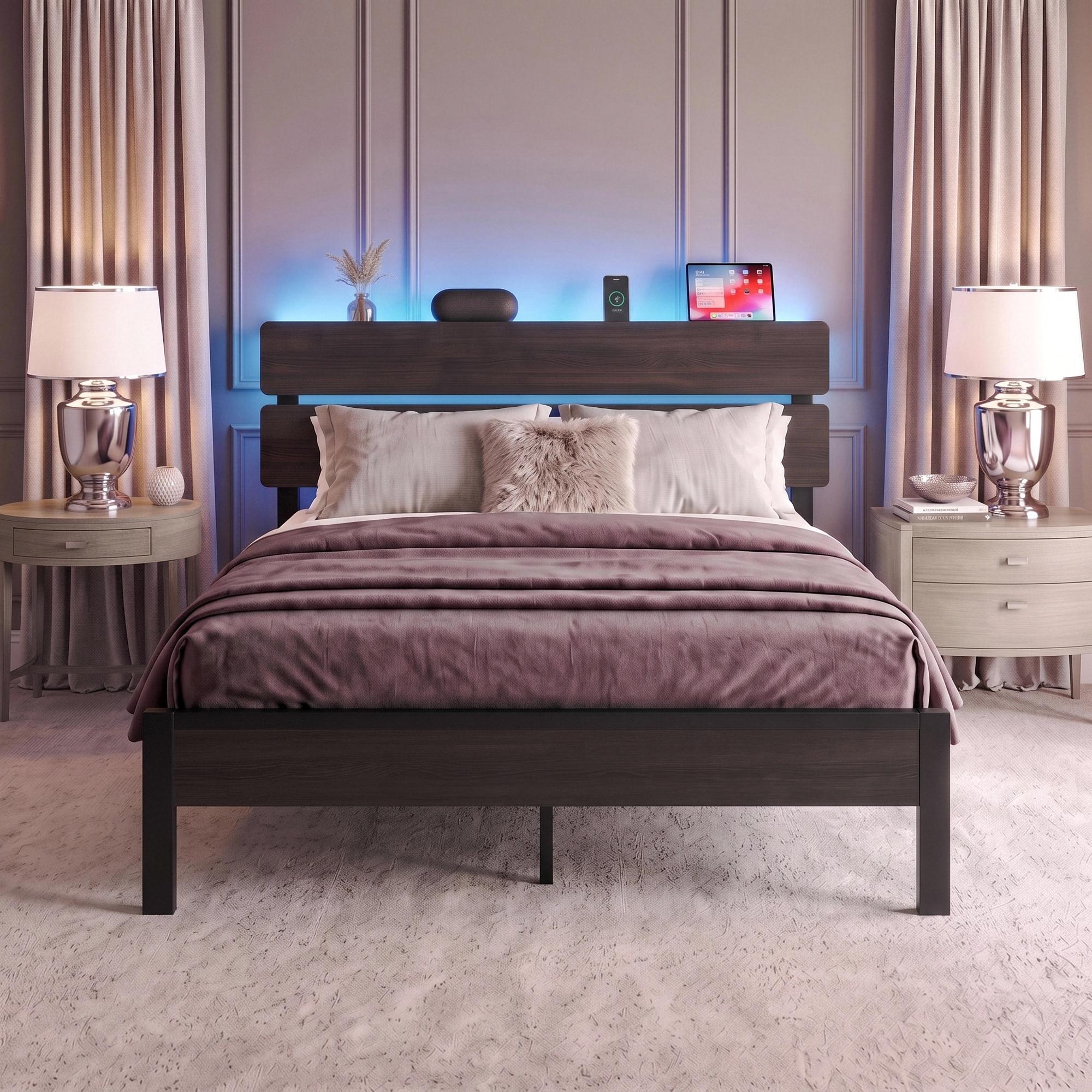 MUTICOR LED Bed Frame with 2 Fabric Storage Drawers, Charging Station & MDF Storage Headboard, Steel Slat Platform Bed with Underbed Storage, No Box Spring Needed