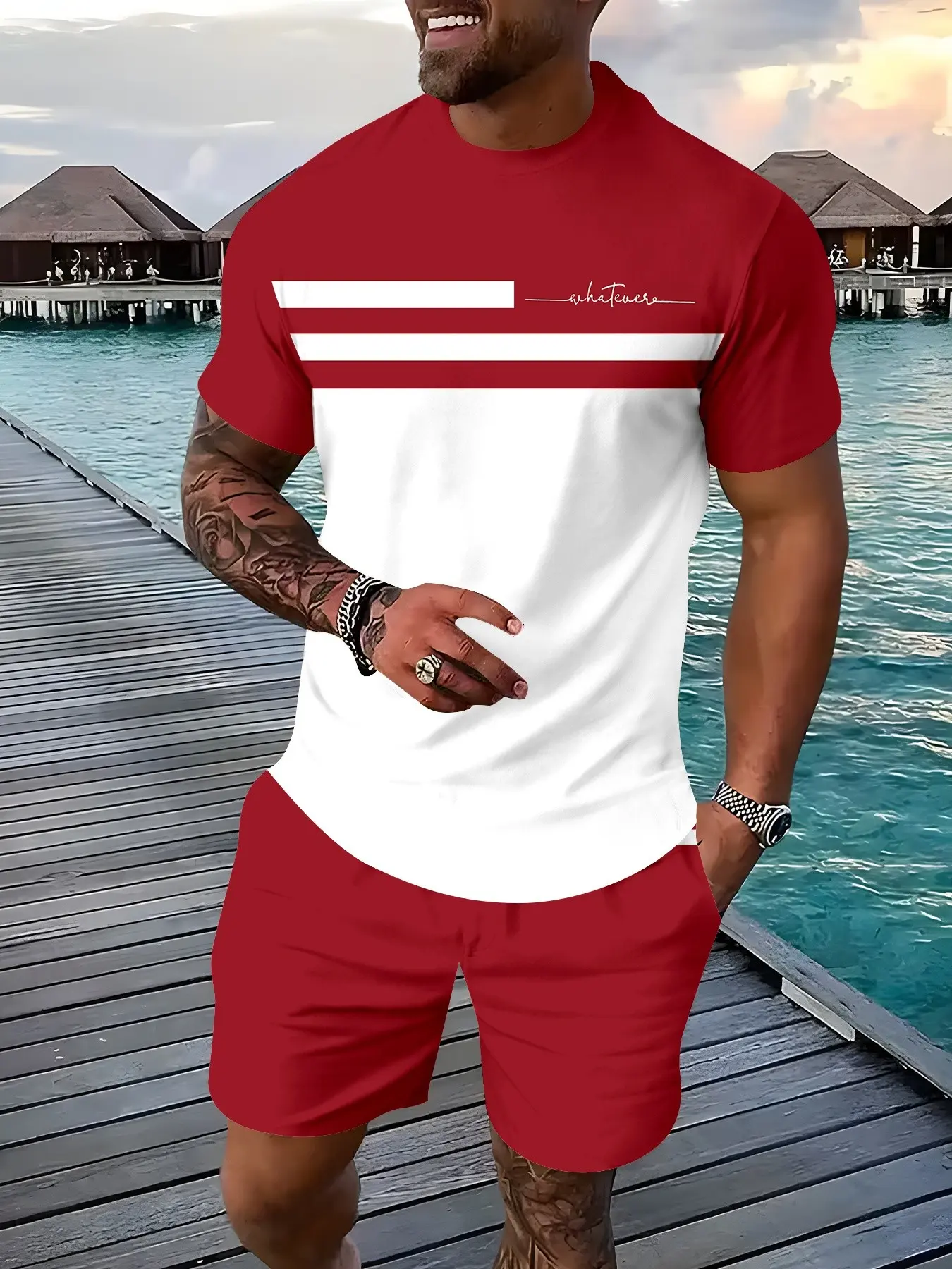 Summer Menswear Men's Two-Color Patchwork Whatever Handwritten Print Short Sleeve T-Shirt and Shorts Set, Casual Sporty Tropical Outfit