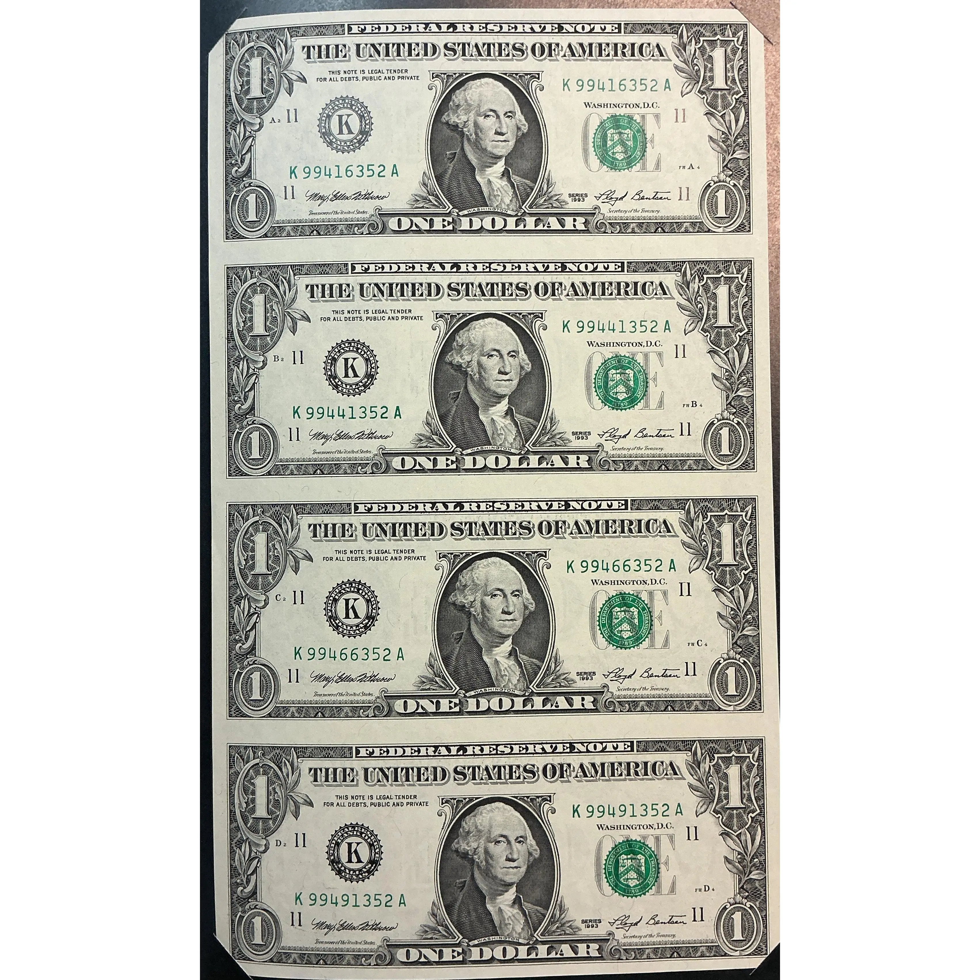 1993 Series $1 Notes, Sheet of 4 Bills, F.R.N., BEP, Store #FRN039