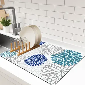 1Pc Blue Abstract Geometric Flower Coffee Machine Mat, Tableware Drainage Mat, Anti Slip Washable Diatomaceous Earth Drying Mat, Perfect Water Bar Decoration, Suitable For Countertops And Kitchens, Absorbent And Drainage Mat