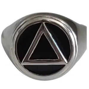 12-Step Gift Unisex Stainless Steel AA Ring with Alcoholics Anonymous Symbol in Black Enamel Thick Strong Band Durable Surgical Grade Ring
