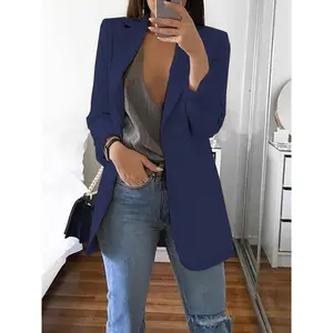 Plus Size Solid Open Front Blazer, Elegant Lapel Long Sleeve Blazer For Office & Work, Women's Plus Size Clothing