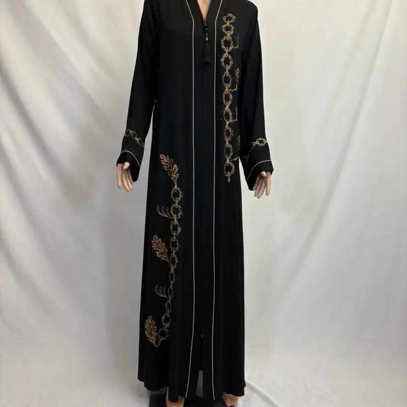 Black Abaya with Rhinestone Design and Belt - Elegant Chain Patterned Long Dress