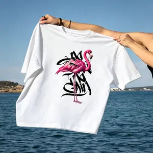 Retro urban streetwear T-shirt with pink flamingo graffiti calligraphy print, vintage fashion, 100% cotton, soft and comfortable fabric, casual everyday short-sleeve tee tops for men, women, unisex, black/white
