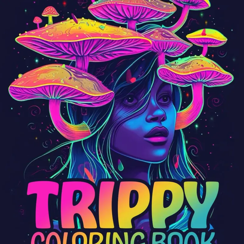 Adult Coloring Book - 8.5x11 Inches English Trippy Paperback Activity Book, 50 Scenes, 104 Black Back Bleed-Free Pages: Psychedelic Mushrooms, Frog, Magic Scenes, Optical Illusions for Mindful Coloring, Creative Expression