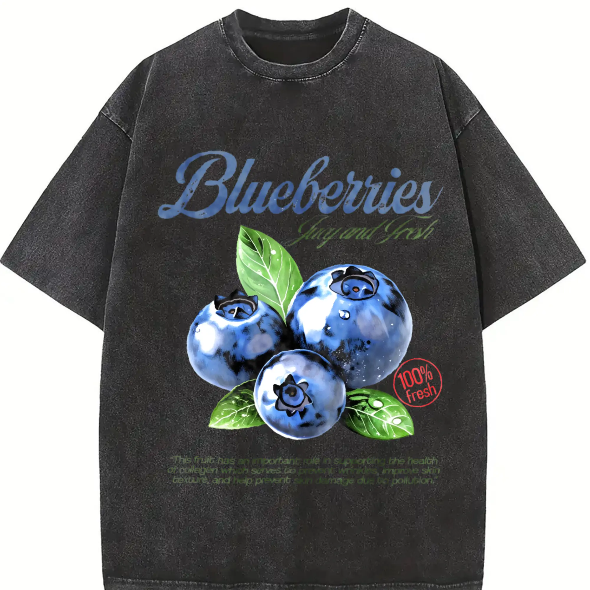 Men's Short-Sleeve Round Neck Casual T-Shirt, Retro Blueberries Commercial Graphic Menswear, 90s Farmers Market Aesthetic Streetwear Top for Food Lovers, Shortsleeve, Tshirt
