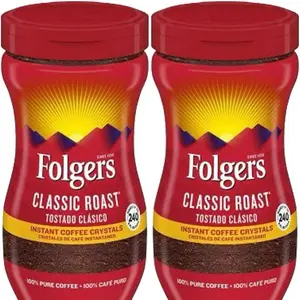 Folgers Classic Roast Instant Coffee Crystals 16 oz. Pack of 2 - 100% Pure Coffee, No Running Out, Free Spoon (1) 5g coffee lover Bean Beverage Dark French
