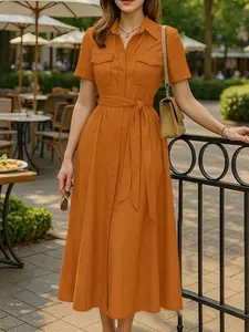 ZANZEA Women's Short Sleeve Shirt Collar Fashion Workwear Dress, Mid-Length Button Front, A-Line with Belt, Street Style Office Wear