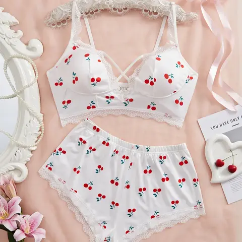 [Plus Size] Cherry Print Bra & Panty Two-Piece Set, Lady Contrast Lace Detail Bra & Panty, Cheeky Bottoms Plus Size, Women's Underwear Set for All Seasons, Bra Sets, Curvy, Clothing