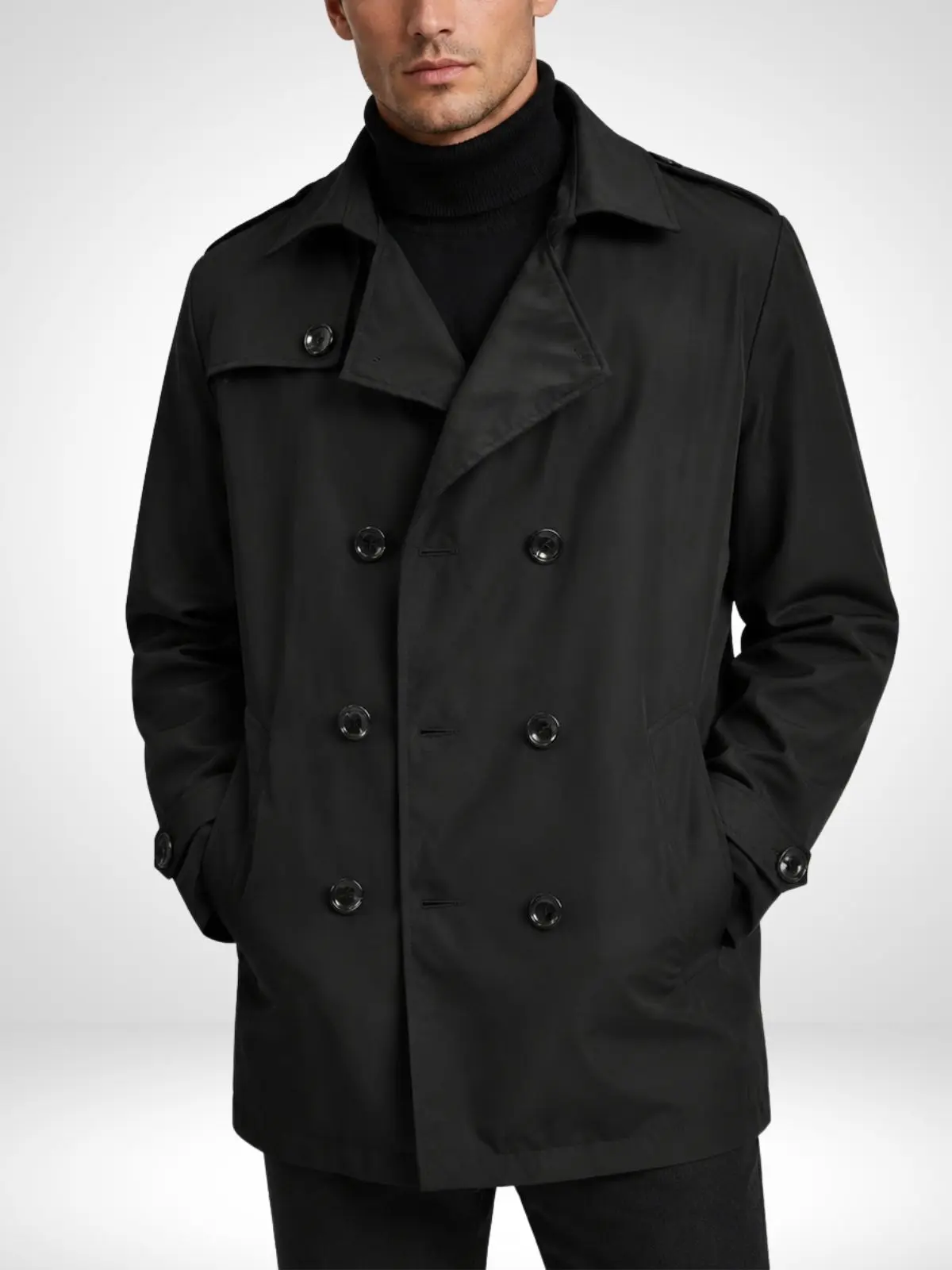 Men’s mid-length double-breasted trench coat with lapel collar and shoulder patch detailing, business casual outerwear