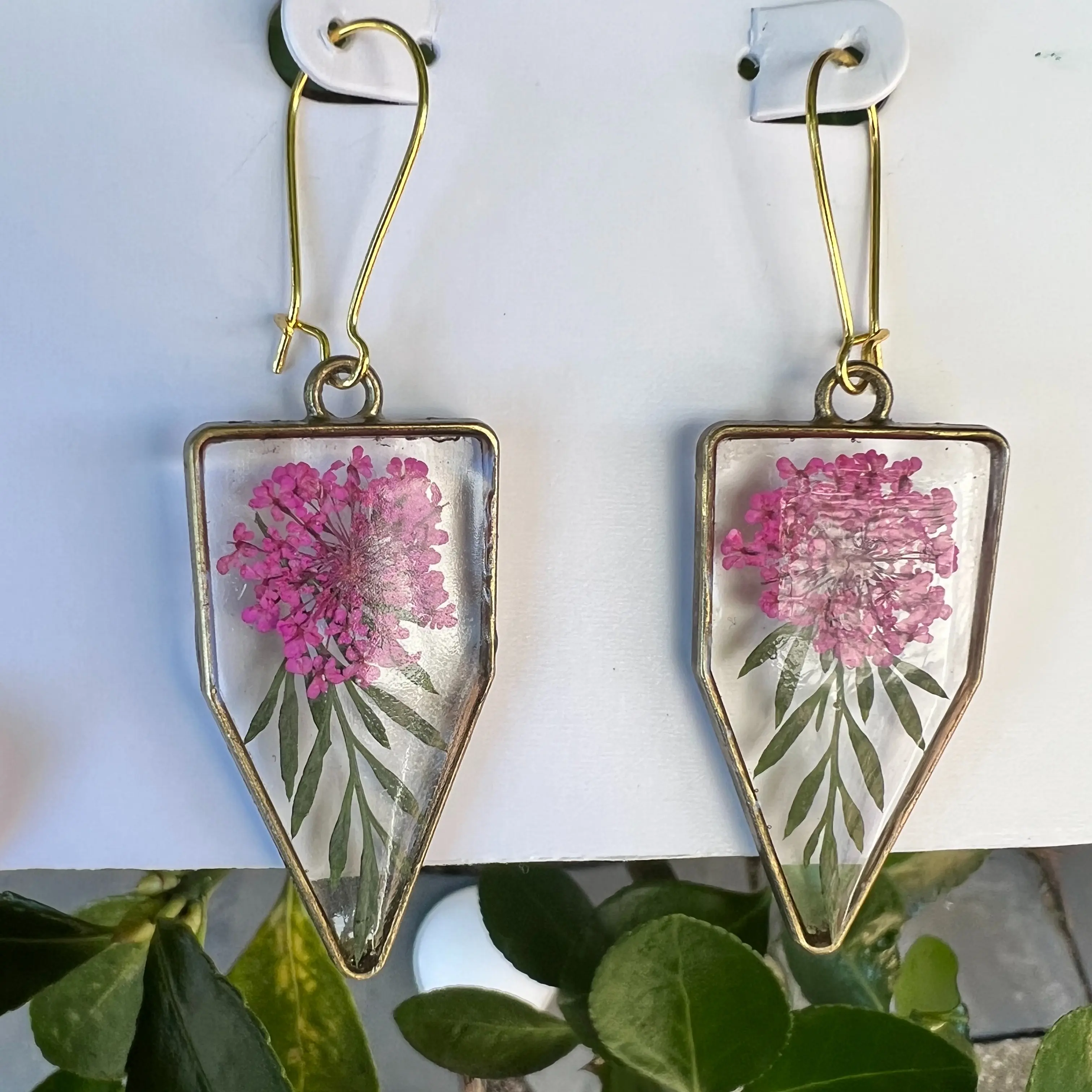 Feminine Whispers: Pink Lace Resin Dangle, Mini Lace Pink Flower Drop Earrings