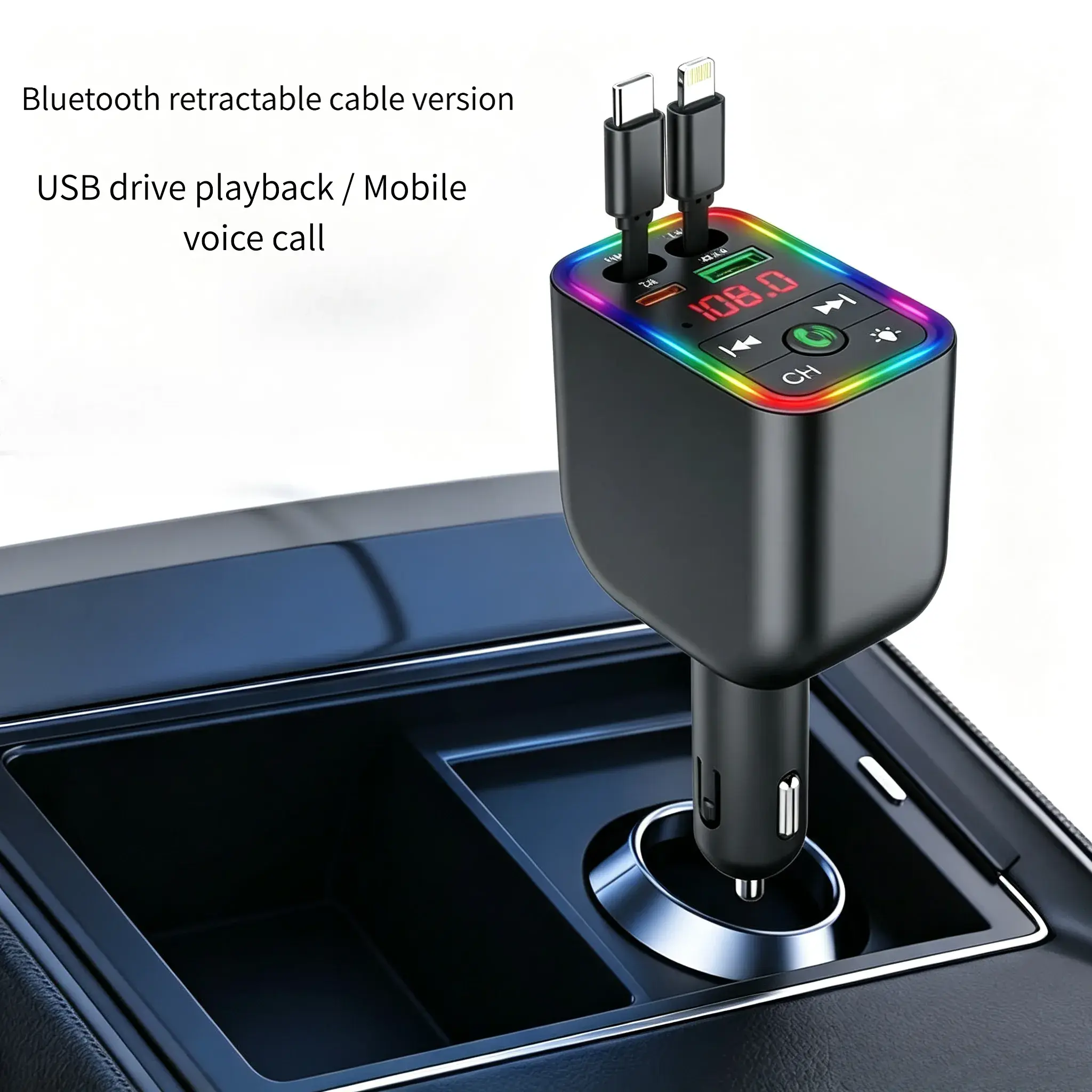 Bluetooth Car FM Transmitter Fast Charger with Star Projection Ambient RGB Lights, Handsfree Music-Call Function, Dual USB Type-C Ports, Car Interior Decor Accessory for Daily Road Trips, Driving Use