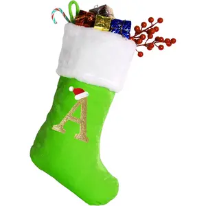 20 Inches Monogram Christmas Stockings with Letters, Large Super Soft Green Velvet Christmas Stockings with White Super Soft Plush Cuff for Christmas Xmas Tree Holiday Fireplace