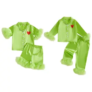REDWOON Toddler Baby Girl Christmas Satin Pajamas Set Feather Trim Long/Short Sleeve Button Down Tops Long Pants 2Pcs Pjs Sleepwear Outfits