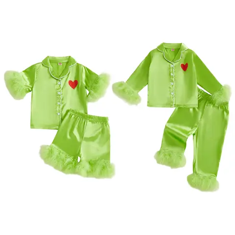 REDWOON Toddler Baby Girl Christmas Satin Pajamas Set Feather Trim Long/Short Sleeve Button Down Tops Long Pants 2Pcs Pjs Sleepwear Outfits