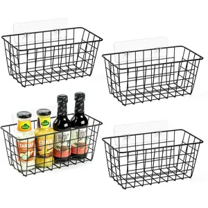 2 Pack Hanging Kitchen Baskets, Adhesive Wire Wall Storage Basket, No Drilling Hanging Fruit Baskets, Cabinet Door Organizer for Kitchen Bathroom Pantry, Upgrade Super-sized Adhesive