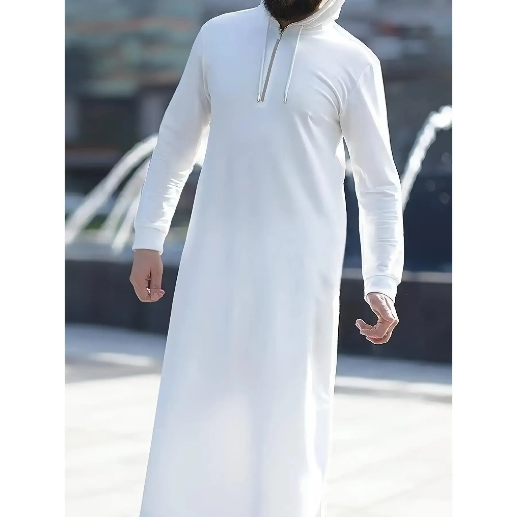 Men's Solid Color Long Sleeve Arabic Robe, Traditional Full-Length Islamic Thobe with Front Zipper, Non-Stretch Formal Muslim Attire, Plain