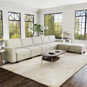 Beige 140 Inch 5 Seater U Shaped Modular Sectional Sleeper Sofa Large Convertible Couch with 2 Ottomans Padded Armrests Hidden Storage Spacious Cozy Home Furniture for Living Room Bedroom