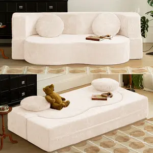 Convertible Sofa Bed with Pillow – Foldable Floor Futon Couch, High-Density Foam, Corduroy Fabric, No Assembly Required, Compressed in Box for Living Room or Small Apartment (White)-79"W x 39.4"D x 13.8"H