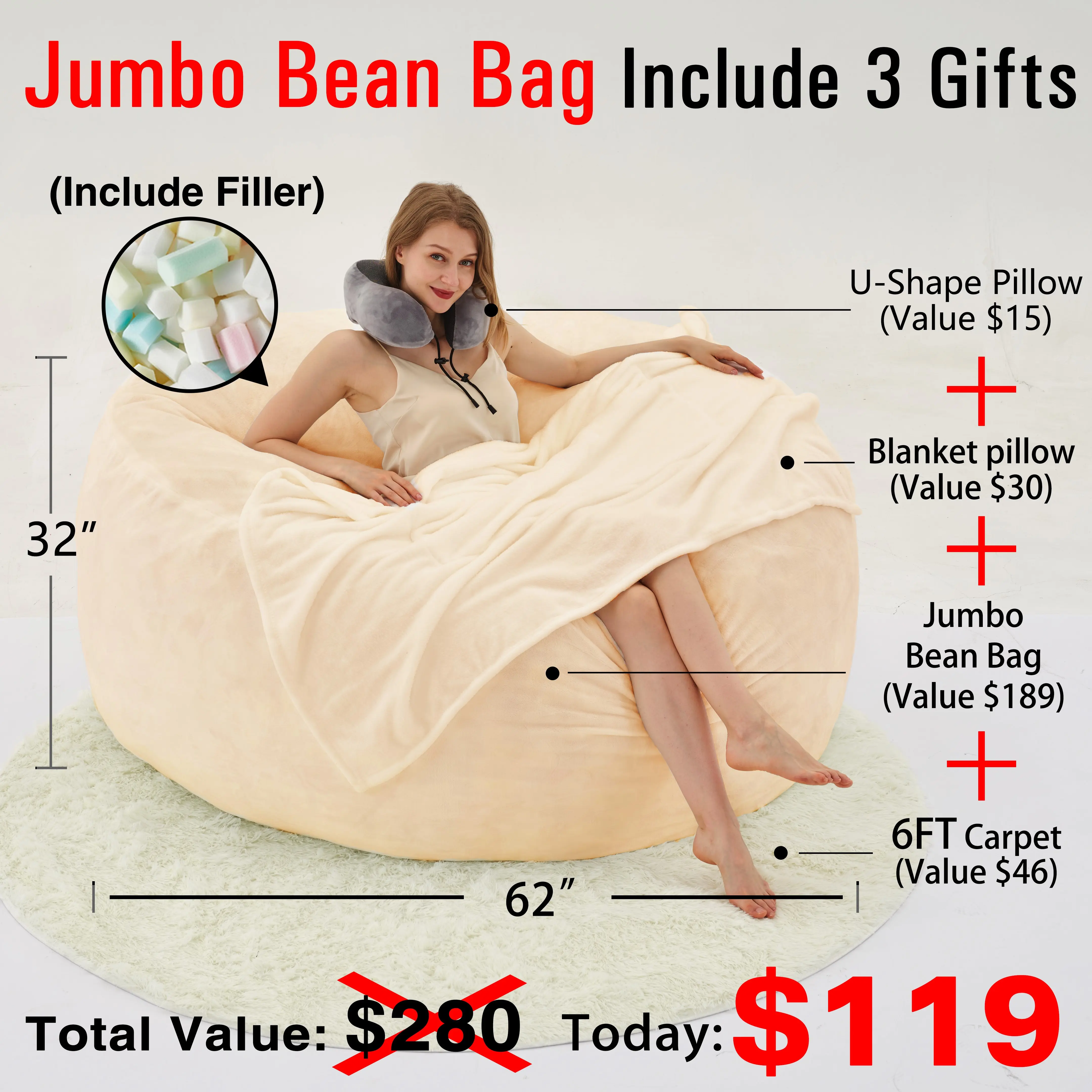 Jumbo Cream(Cover Filler U-pillow Blanket Carpet)