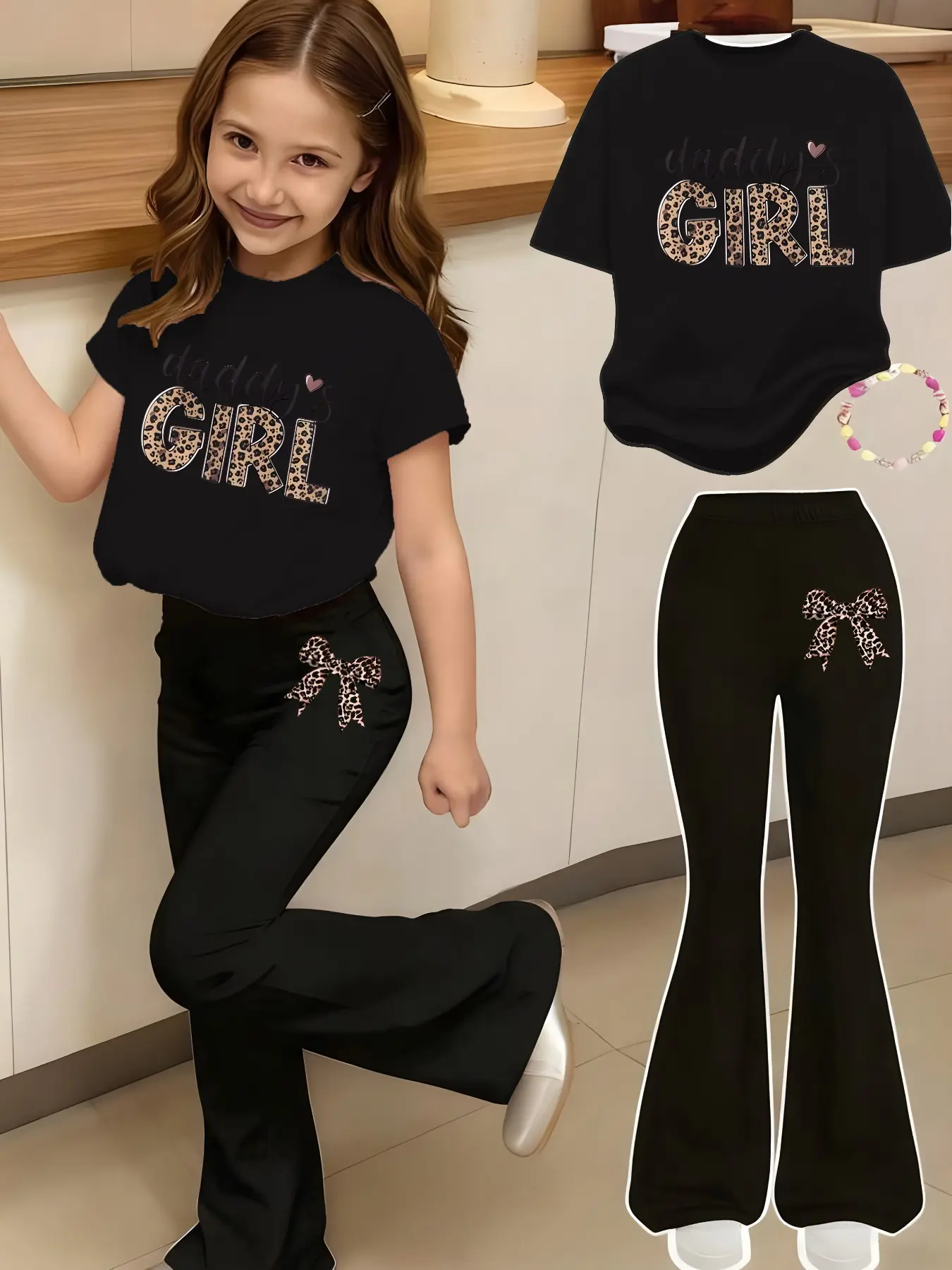 Girls' Leopard Bow Print 2-Piece Set, Summer Outfits Set, Casual Sporty Short Sleeve Top and Bell Bottom Pants, Comfortable Elastic Waist, Spring Summer, Clothes Kids Summer Clothing Set