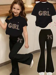 Girls' Leopard Bow Print 2-Piece Set, Casual Sporty Short Sleeve Top and Bell Bottom Pants, Comfortable Elastic Waist, Spring Summer, Clothes Kids