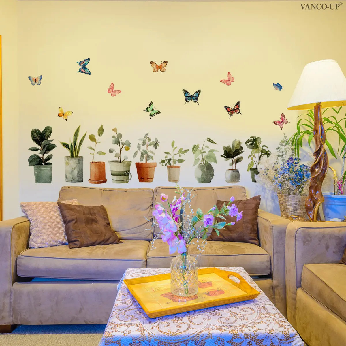 A (30*90cm) spring and summer fresh potted plant with colorful butterfly flat wall sticker for home background wall decoration, Decorative Wall Sticker, M21321