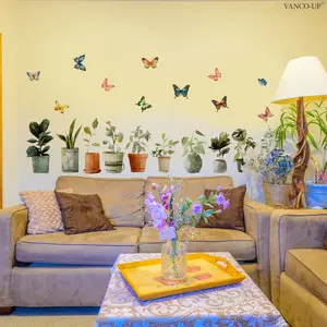 A (30*90cm) spring and summer fresh potted plant with colorful butterfly flat wall sticker for home background wall decoration, Decorative Wall Sticker, M21321