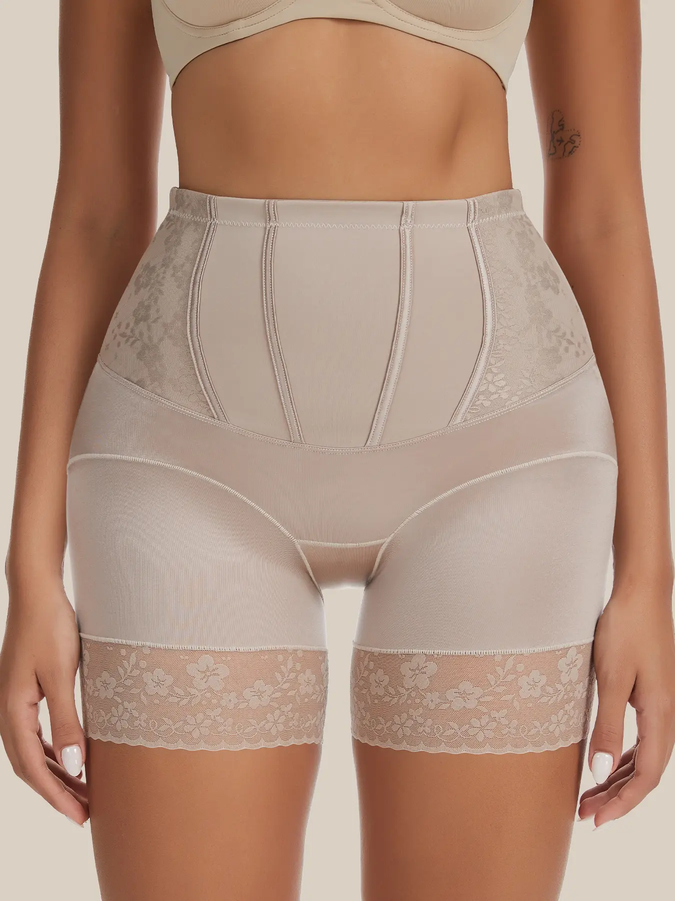 JUQDNX Women's Seamless High-Waisted Shapewear Shorts, Tummy Control Faja with Butt Lifting Firm Compression, Contrast Lace Trim, Polyamide Elastane, Style, Normal Type, Hand Wash Only for Everyday Wear
