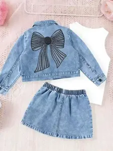 Three-Piece Set Includes Denim Jacket, Jean Skirt & Sleeveless Top with Glitter Pattern, Casual Slim Fit Style, Outdoor Activities