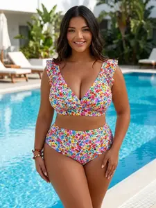 Plus Size Vibrant Floral Bikini Set High Waisted Ruffle Two Piece Swimsuit
