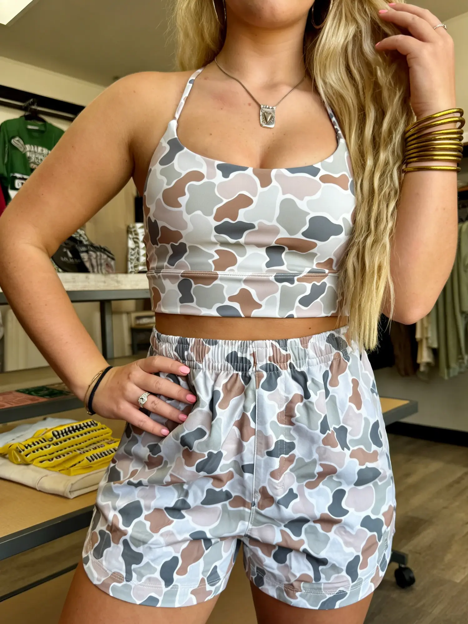 Camouflage Printed Cropped Tank Athleisure 2pcs Short Set, The Matching Shorts Feature a High-Rise Waist and Side Pockets.