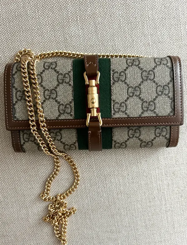 Pre-owned GUCCI GG Supreme Coated Canvas & Leather Trim Crossbody Bags Jackie 1961 Continental Chain Wallet GG Coated Canvas