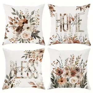 4-Piece Floral Letter Print Pillow Covers, 45x45cm, Hidden Zipper, Indoor & Outdoor Decor, Living Room, Bedroom, Sofa, Car Decoration