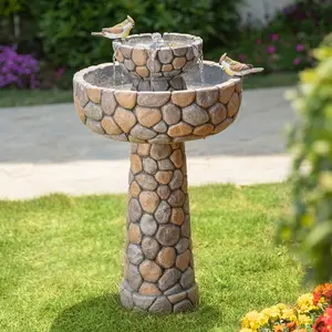 Glitzhome 24.5"H 2-Tier Faux Pebbles Textured Polyresin Outdoor Birdbath Fountain with Pump (KD)